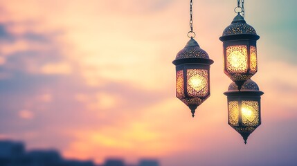 Glowing Ramadan Lanterns Sunset Background