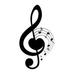 Love music, heart shape and musical notes, isolated vector illustration.