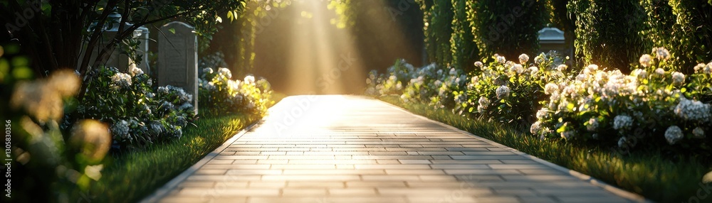 Poster a path with a cemetery in the background