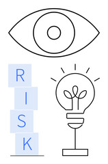 Eye for vision, stacked blocks spelling RISK, and glowing light bulb for innovation. Ideal for ideas, creativity, problem-solving, decision-making, leadership business strategy. Abstract line flat