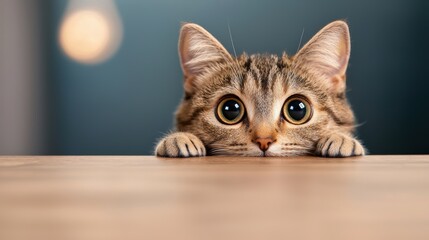 Curious kitten peeking over a table
