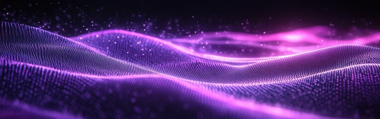 Futuristic abstract landscape with glowing purple waves and particles in a digital environment showcasing vibrant colors and flowing motion in a cosmic setting