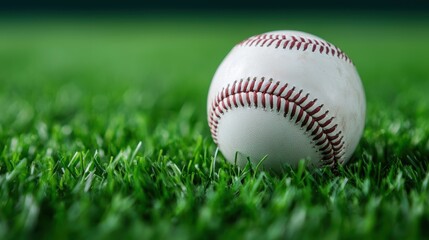 Close-up of a baseball resting on green grass