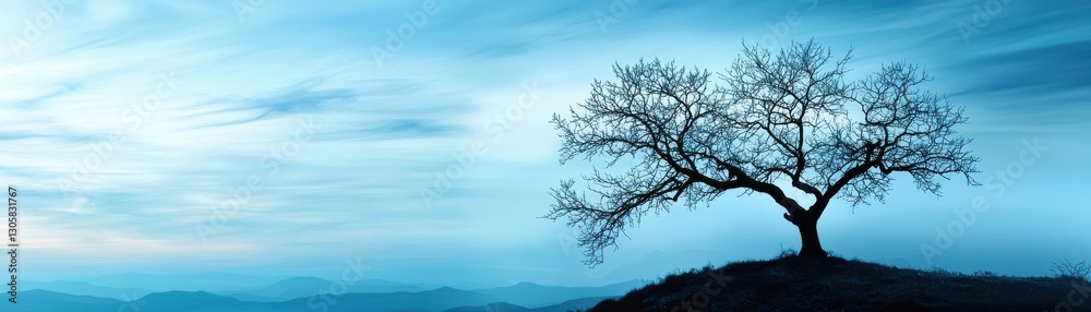 Poster a tree is standing on a hill with a blue sky in the background