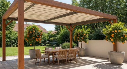 Fototapeta premium Wooden Pergola Outdoor Dining Area Sunny Day Patio Furniture Ultra HD 4K