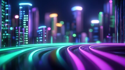 Obraz premium Futuristic neon cityscape with glowing road curves