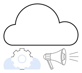 Cloud with gear and megaphone symbolizing data integration, technical innovation, connectivity, and messaging. Ideal for cloud computing, collaboration, analytics, solutions, communication