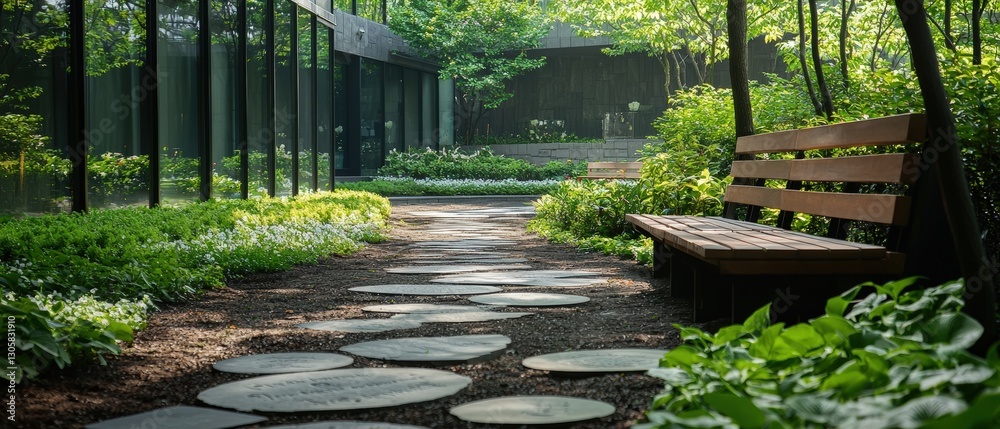 Poster a path with a bench and a few plants