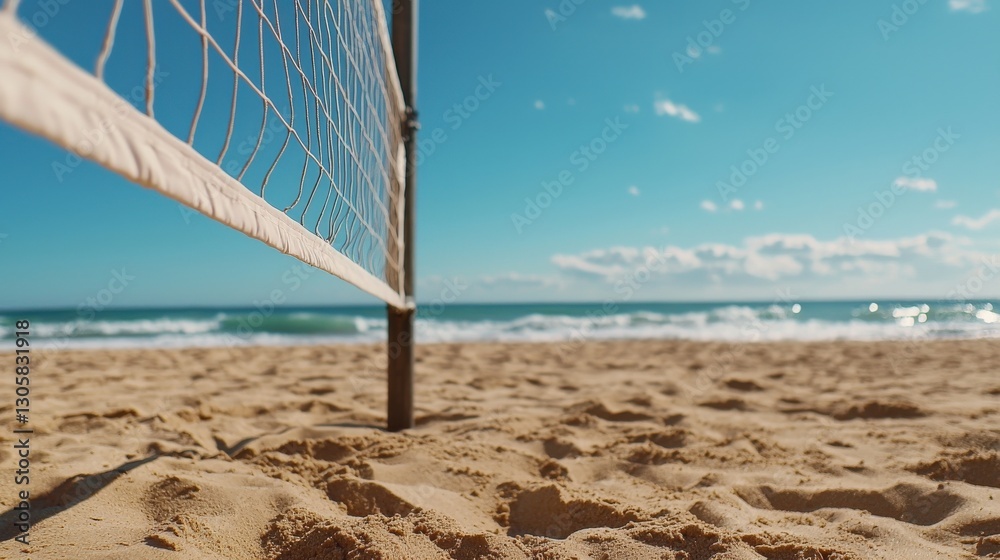 Poster a volleyball net is on the beach next to the ocean