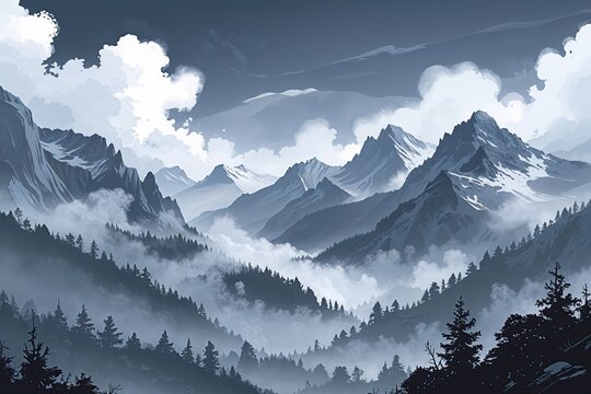 Enigmatic Silver Mist Surrounding Tranquil Mountain Scene Art