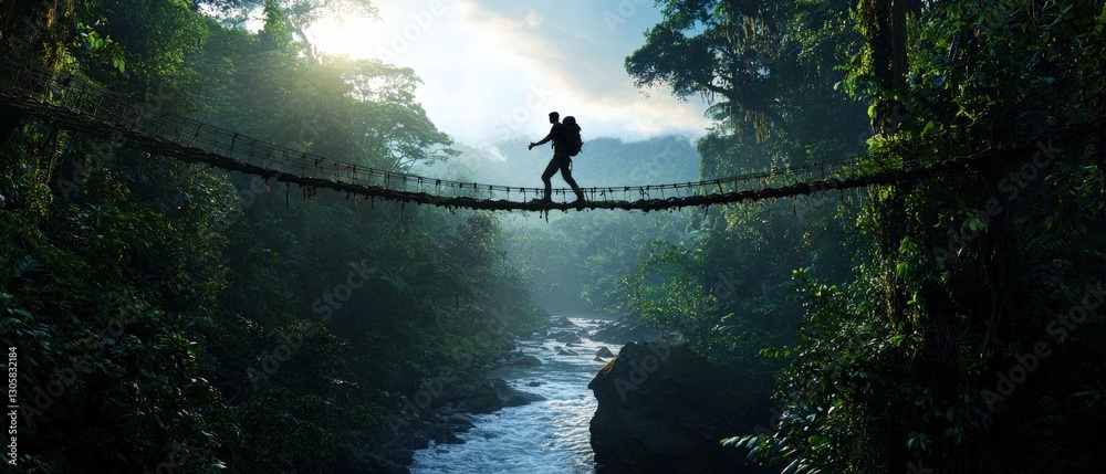Poster a man is crossing a bridge over a river