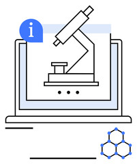 Microscope on laptop screen, blue information icon, molecular structure. Ideal for education, research, innovation, science, technology biology lab work. Flat simple metaphor