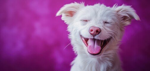 Naklejka premium Happy white dog with closed eyes and smiling mouth on purple background showcasing joy and playfulness in a vibrant pet portrait