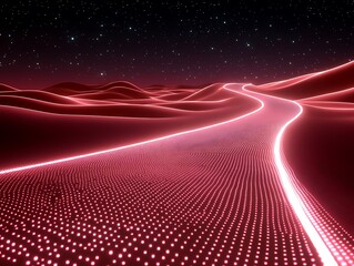 Futuristic highway over cosmic dunes with glowing lights and starlit sky