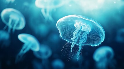 Fototapeta premium Jelly-fish illuminated underwater pattern, blue glow in the deep ocean. Nature wonders and exploration