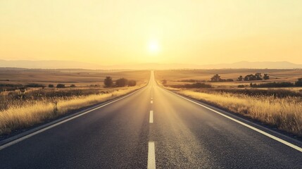 Naklejka premium A serene view of a winding road stretching into the horizon at sunset.
