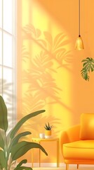 Obraz premium Sunny Yellow Living Room Interior Design with Plant Shadows