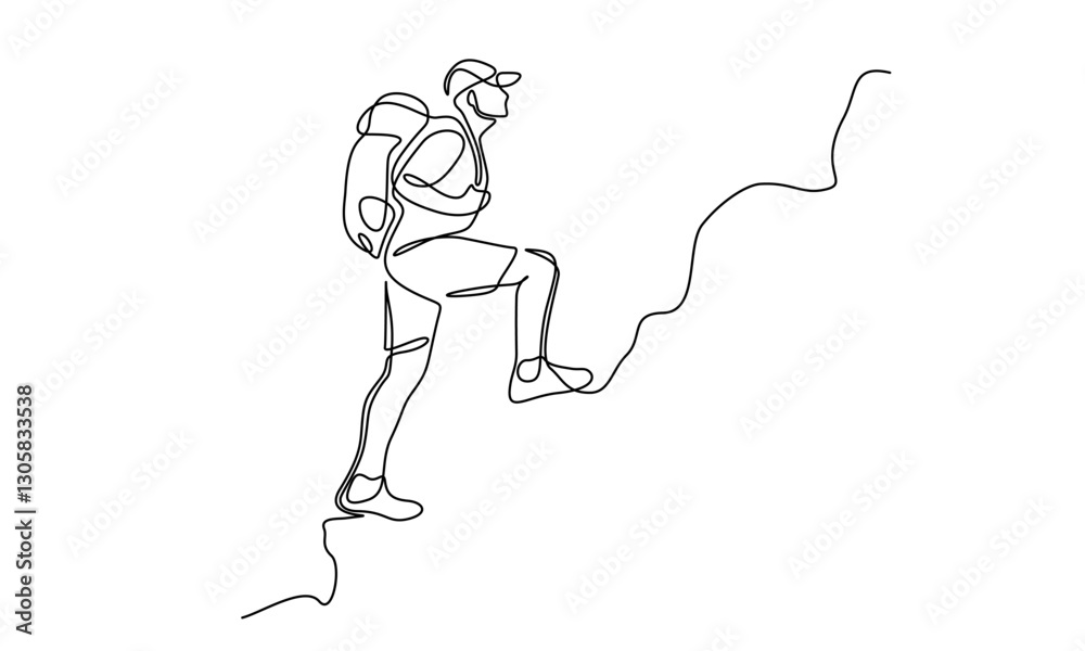 Poster man climbs the mountains in one continuous line drawing. traveler with backpack is hiking in simple 