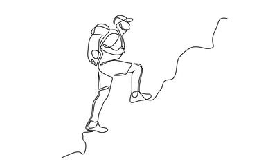 Man climbs the mountains in one continuous line drawing. Traveler with backpack is hiking in simple linear style. Leadership development Editable stroke. Doodle outline vector illustration