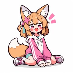 Cute Fox Girl Sitting, Happy Expression