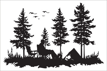 Fototapeta premium Vintage Outdoor Camping Artwork – Man Relaxing by Fire with Horses in Pine Woods