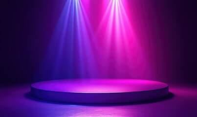 Modern empty stage with vibrant purple and blue spotlights illuminating a circular platform in a darkened environment for performances and presentations