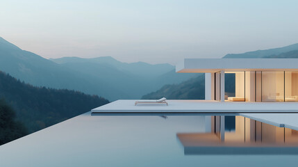 Fototapeta premium Modern Villa with Pool: A stunning modern villa with an infinity pool seamlessly blends luxury with the natural beauty of the mountains, creating a serene and elegant retreat.