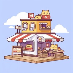 Cute Cat Cafe Building Illustration