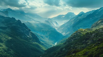 Naklejka premium Breathtaking European Mountain Range with Majestic Peaks and Lush Greenery