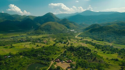 Fototapeta premium Scenic View of Southeast Asian Jungle Landscape with Mountains and Villages