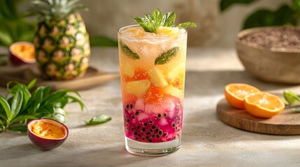 Refreshing Tropical Fruit Cocktail with Pineapple, Passion Fruit, and Dragon Fruit