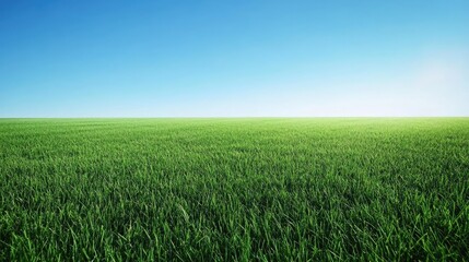 Obraz premium Lush Verdant Grass Field Under a Clear Blue Sky with Radiant Sunlight Creating a Serene and Inviting Natural Landscape