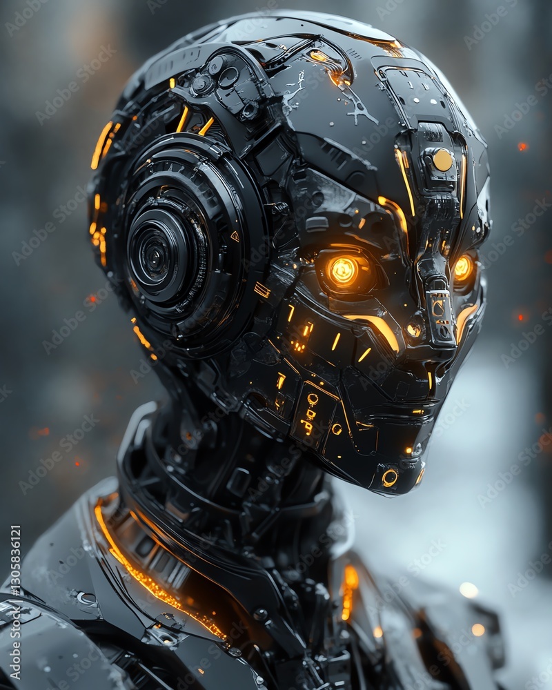 Poster robot with glowing orange highlights stands in a futuristic environment showcasing advanced technolo