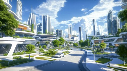 Futuristic cityscape scene features modern buildings and abundant greenery
