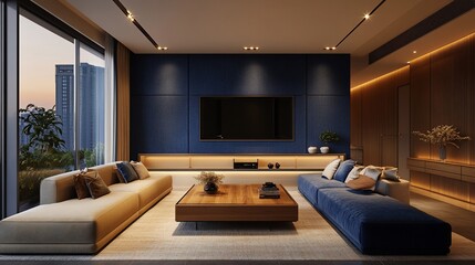 Fototapeta premium Luxurious Living Room Interior Design with Modern Furniture and City View