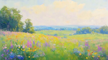 A stunning impressionist painting of a wildflower field filled with vibrant colors, capturing the beauty of nature in the summer season