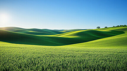 Fototapeta premium Serene early morning scene of rolling green hills under a clear blue sky, ideal for nature-themed designs, summer events, and tranquility-focused projects.