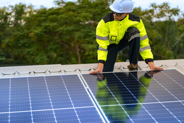 A skilled technician adjusts a solar panel on rooftop, emphasizing the transition to sustainable...