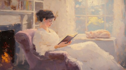 A beautiful impressionist painting of a woman enjoying a book near a large window, with a cozy cat resting by her side and sunlight streaming in
