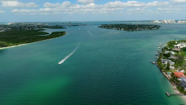 Drone of  Siesta Key and Sarasota Bay on a sunny day in Sarasota Florida