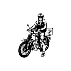 Obraz premium classic motorcyclist carrying a box behind him front left side view black and white vector line art