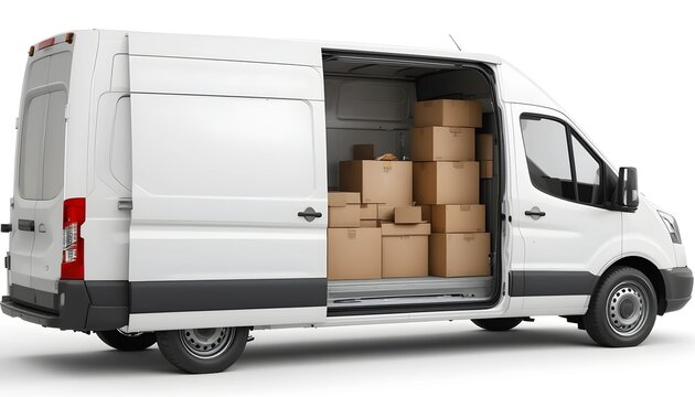 White delivery van with open sliding door full of cardboard boxes, commercial cargo vehicle for logistics and shipping, transport van for moving house