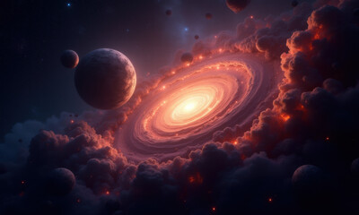 Cosmic Nebula: Planets & Glowing Galaxy - -Abstract space art