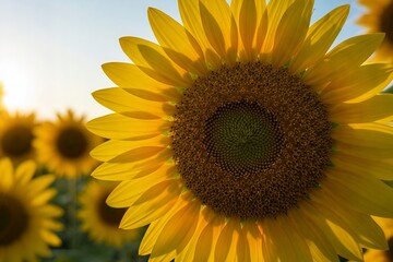 Naklejka premium Close-up of a vibrant sunflower, showcasing its bright yellow petals and textured brown center, surrounded by a field of sunflowers.