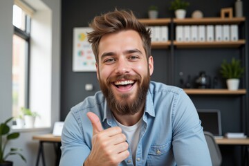 Smiling Young Caucasian Man in Casual Attire Giving Thumbs Up in Modern Office Space with Shelves and Green Plants, Exuding Positive Vibes