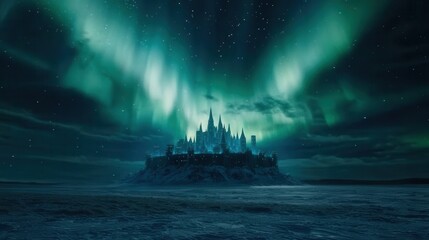 Ice Fortress in Frozen Tundra Under Northern Lights at Night