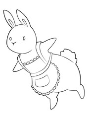 Cute white rabbit. Rabbit in an apron. Cartoon character. Outline. Coloring page. Hand drawing. Easter illustration.