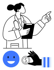 Female medical expert with clipboard gestures upward. Features smile icon, hand holding coin, and identity card stripes. Ideal for healthcare, wellbeing, financial advice, consultation, trust