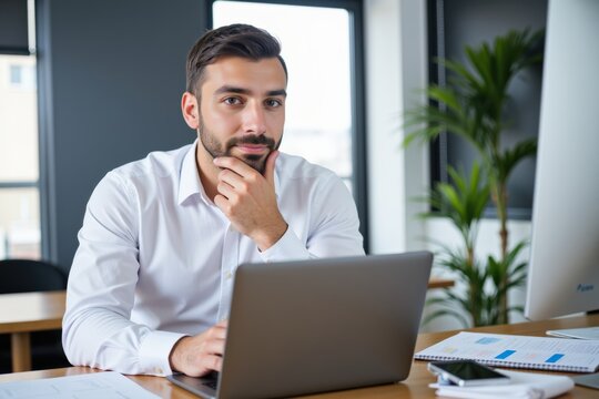 Focused Young Caucasian Male Professional Working on Laptop in Modern Office Environment Surrounded by Indoor Plants and Papers