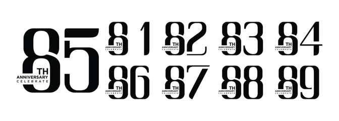 collection of 81st to 89th anniversary logo designs with black numbers on white background